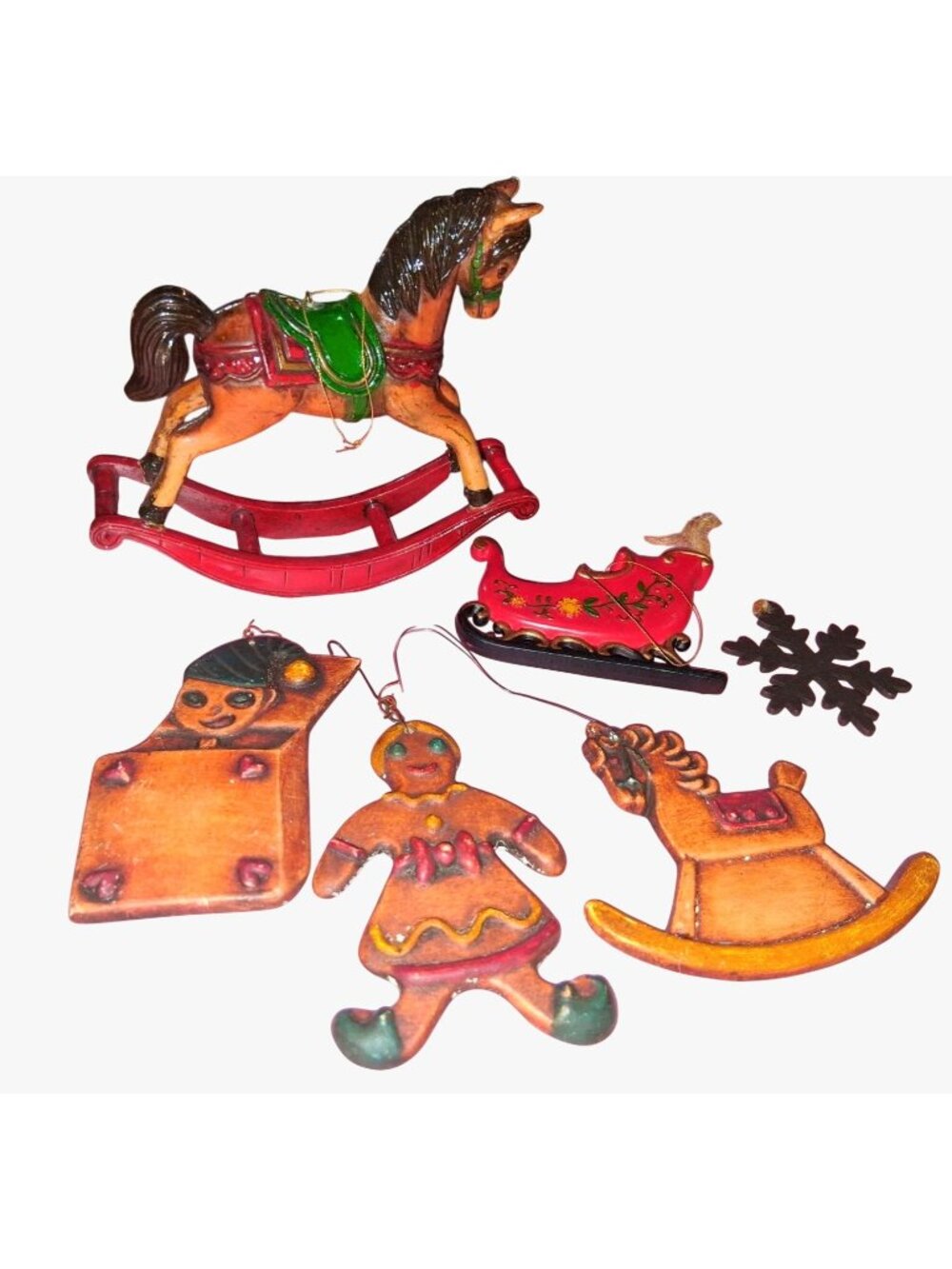 6 Vintage Christmas Ornaments Ceramic Wooden Rocking Horse Sleigh Gingerbread M
